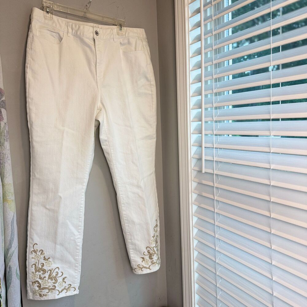 Coldwater Creek Womens 14 White Denim Pants Brown Embroidered Embellished